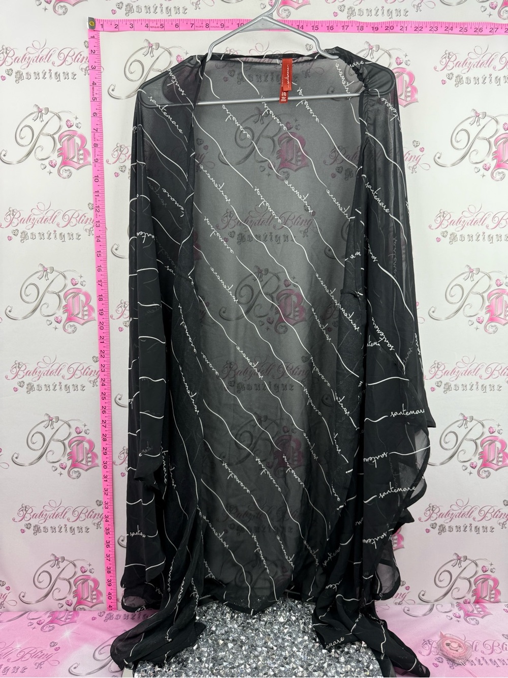 Santemare cardigan open Black Sheer Script Kimono Cardigan
